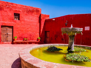Stunning view of the fountain in Santa Catalina monastery, Arequipa, Peru