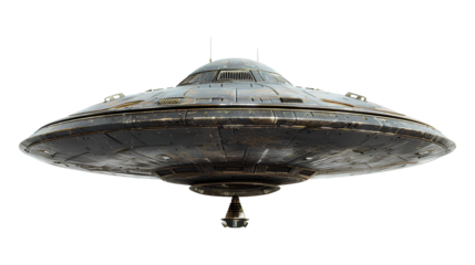 Grey UFO flying isolated on a transparent background