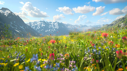 Obraz premium Vibrant wildflowers carpeting alpine meadows beneath azure skies