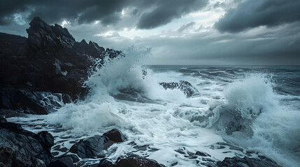 Waves crashing against rocky shores under an angry sky