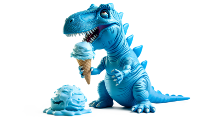 Happy blue dinosaur eating huge blue ice cream isolated on a transparent background