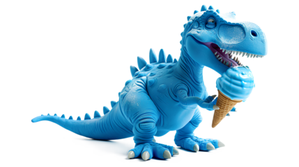 Happy blue dinosaur eating huge blue ice cream isolated on a transparent background