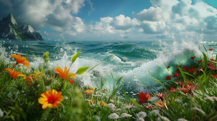 Waves gently crashing against vibrant coastal flora