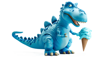 Happy blue dinosaur eating huge blue ice cream isolated on a transparent background