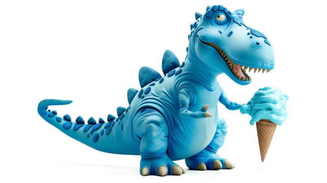 Happy blue dinosaur eating huge blue ice cream isolated on a transparent background - Powered by Adobe