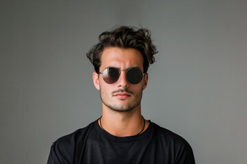 Obraz premium A man in a black shirt and sunglasses is posing for a photo. The image has a cool, edgy vibe, with the man's sunglasses and the black shirt giving off a sense of confidence and style