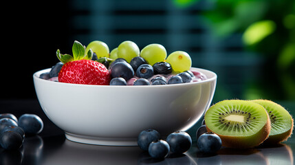 Bowl of Brazilian Frozen Açai Berry with strawberry, grapes, kiwi and blueberry - 753847236