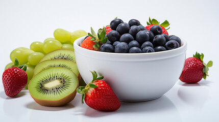 Bowl of Brazilian Frozen Açai Berry with strawberry, grapes, kiwi and blueberry and white background