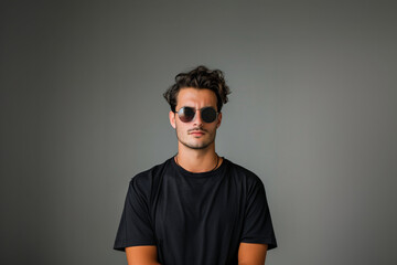 A man in a black shirt and sunglasses is posing for a photo. The image has a cool, edgy vibe, with the man's sunglasses and the black shirt giving off a sense of confidence and style