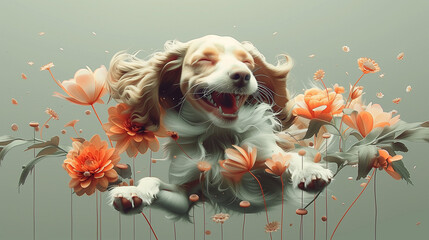 Joyful dog frolicking amongst flowers. Blissful dog is captured mid-leap surrounded by vibrant orange flowers, conveying pure happiness