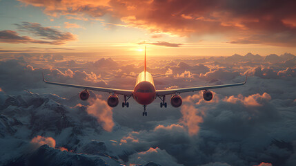 Passenger aeroplane flying above clouds during sunset - obrazy, fototapety, plakaty
