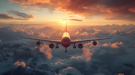 Foto op Plexiglas Passenger aeroplane flying above clouds during sunset © photo for everything