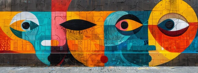 Eye-catching street mural with abstract facial features in bold, fiery and cool tones on an urban wall.