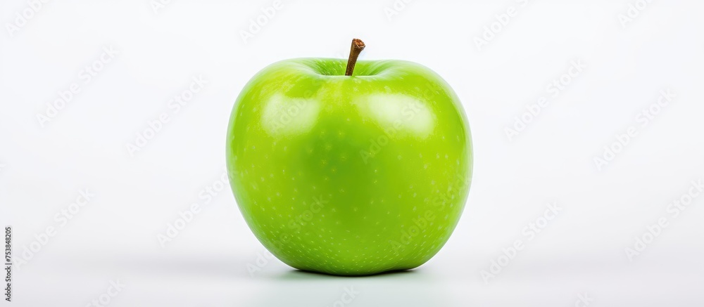 Poster a green apple is placed on top of a clean white table, creating a simple yet striking contrast betwe