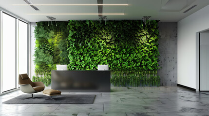 Green living wall with perennial plants in modern office. Urban gardening landscaping interior design. 