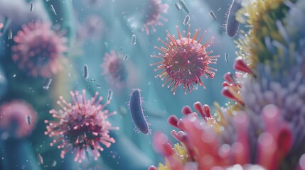 Fototapeta na wymiar Under a microscope, antibodies attack viruses. The body's defense system against antibodies and viruses