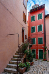 beautiful colorful street of Rovinj Croatia with cobblestone and stairway