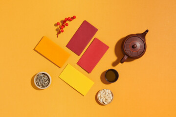 Asia new year 2023 arrangement of tea, and angbao