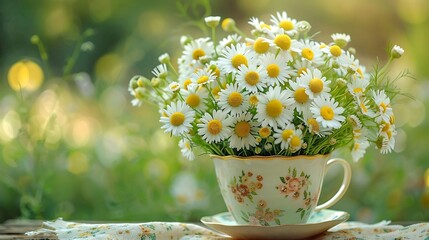 a bouquet of chamomile flowers in a quaint teacup