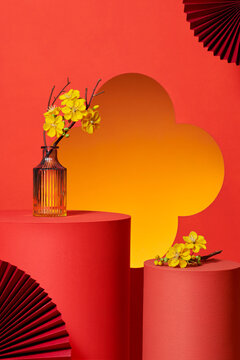 Red Spring Festival theme scene, red fans and apricot flower