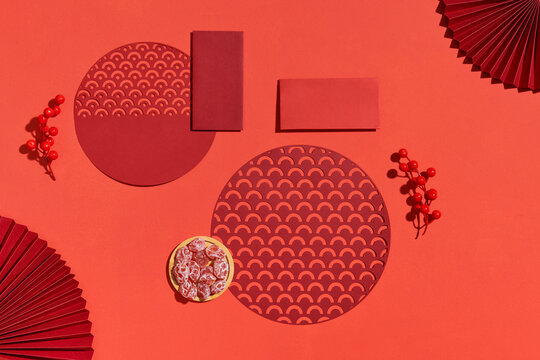 Flat lay. Happy lunar new year with Red lucky pocket