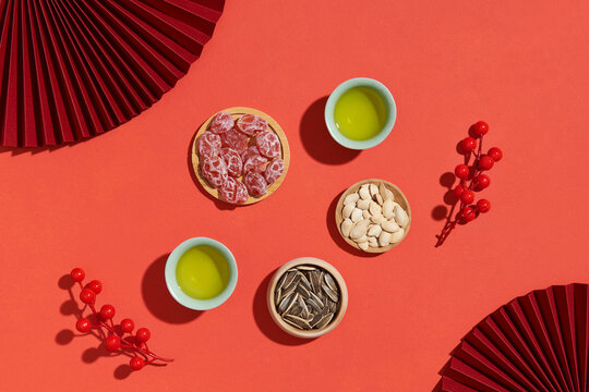 Happy lunar new year with mandarin orange teapot, jams