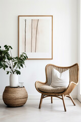 Dive into the bohemian atmosphere modern living area, wicker chair, floor vases, and a blank mockup poster frame against a crisp white wall.