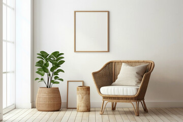 Embrace the boho vibes of a modern living area with a wicker chair, floor vases, and a blank mockup poster frame against a bright white wall.
