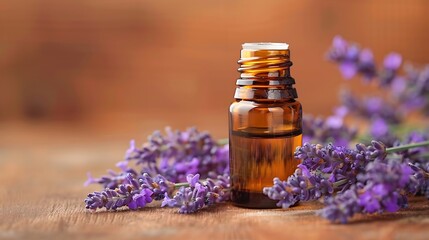 Fototapeta na wymiar A bottle of lavender essential oil with lavender flowers