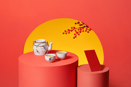 Red podium chinese new year and teapot stand podium