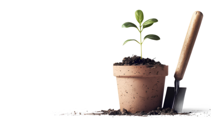 Plant pot and trowel isolated on a transparent background