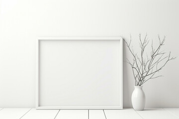 Fototapeta na wymiar Empty white frame against serene backdrop.