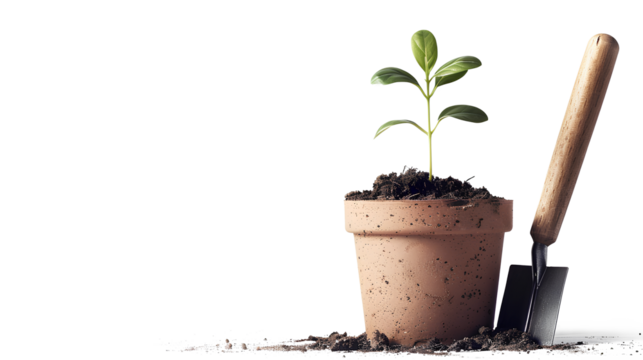 Plant pot and trowel isolated on a transparent background