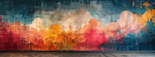 Dynamic abstract mural with splattered paint clouds in a blend of warm and cool hues on a textured urban wall.