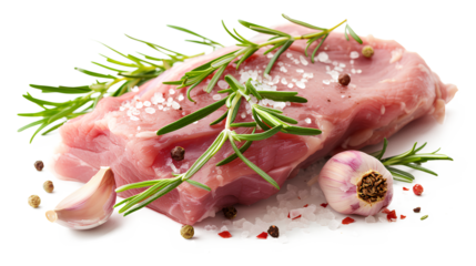 Raw pork loin. Fresh meat with rosemary, garlic, and flakes isolated on a transparent background