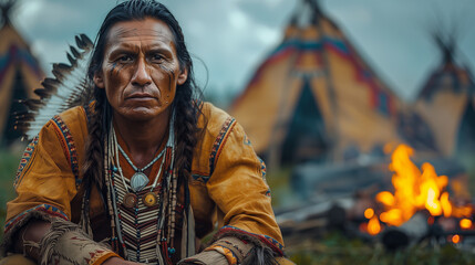 Portrait of a native American man sitting near a fire in a village. (AI generated) - obrazy, fototapety, plakaty