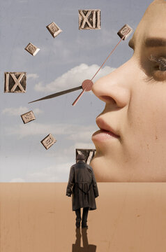 Collage with a walking man, head of a woman and clock