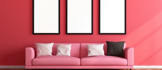 A contemporary living room featuring a stylish pink leather couch against a red wall adorned with three blank vertical picture frames. The room is complemented by a carpet, floor lamp, and a coffee