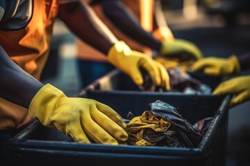 Hands of African workers engaged in manual sorting of household garbage