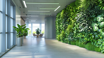 Green living wall with perennial plants in modern office. Urban gardening landscaping interior...