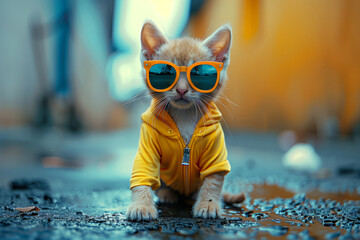 A cat wearing sunglasses and a yellow shirt is sitting on the ground. cute kitten dressed like a human. - obrazy, fototapety, plakaty