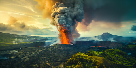Volcanic Eruption Captured at Dusk Showcasing Lava Explosion and Ash Plume. AI.
