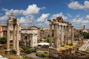 View of the Roman Forum with the temple of Saturn, the Temple of Vespasian and Titus, and the arch of Septimius Severus. Rome, Italy - 753850836
