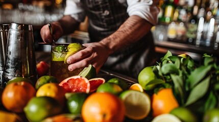 A bartender muddling fresh fruit for a cocktail