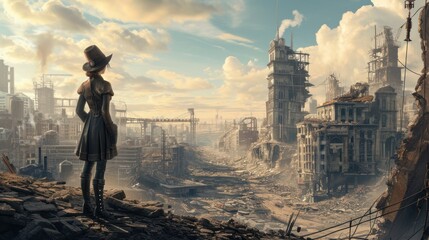 A woman in a top hat and long coat stands on a hill overlooking the destroyed city. The sky is overcast and smoke is billowing from different parts of the city.