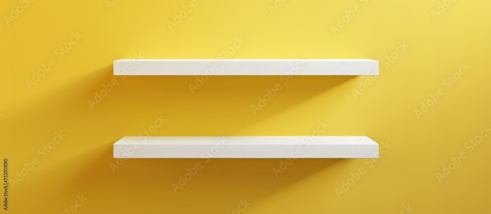 Poster a pair of white shelves stand empty against a vivid yellow wall, creating a simple yet stylish displ