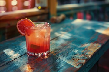 Red grapefruit cocktail in glass on wooden table