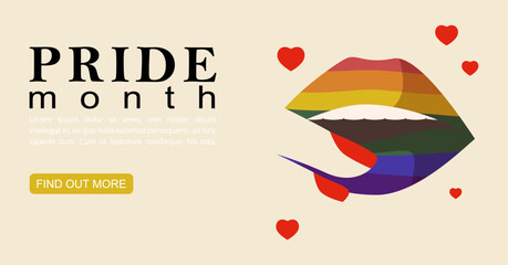 Rainbow lips LGBTQ heart, pride month banner. Multiracial love. lgbtq+ support poster