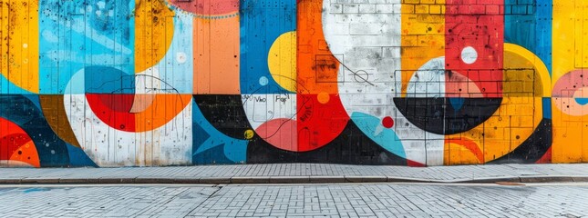 Colorful abstract mural with geometric and organic shapes creating a vibrant urban street art scene.