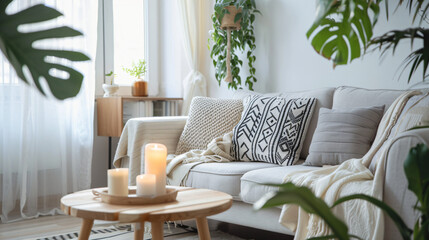 Modern boho interior of living room in cozy apartment. Simple cozy living room interior with light gray sofa with candles and natural decoration